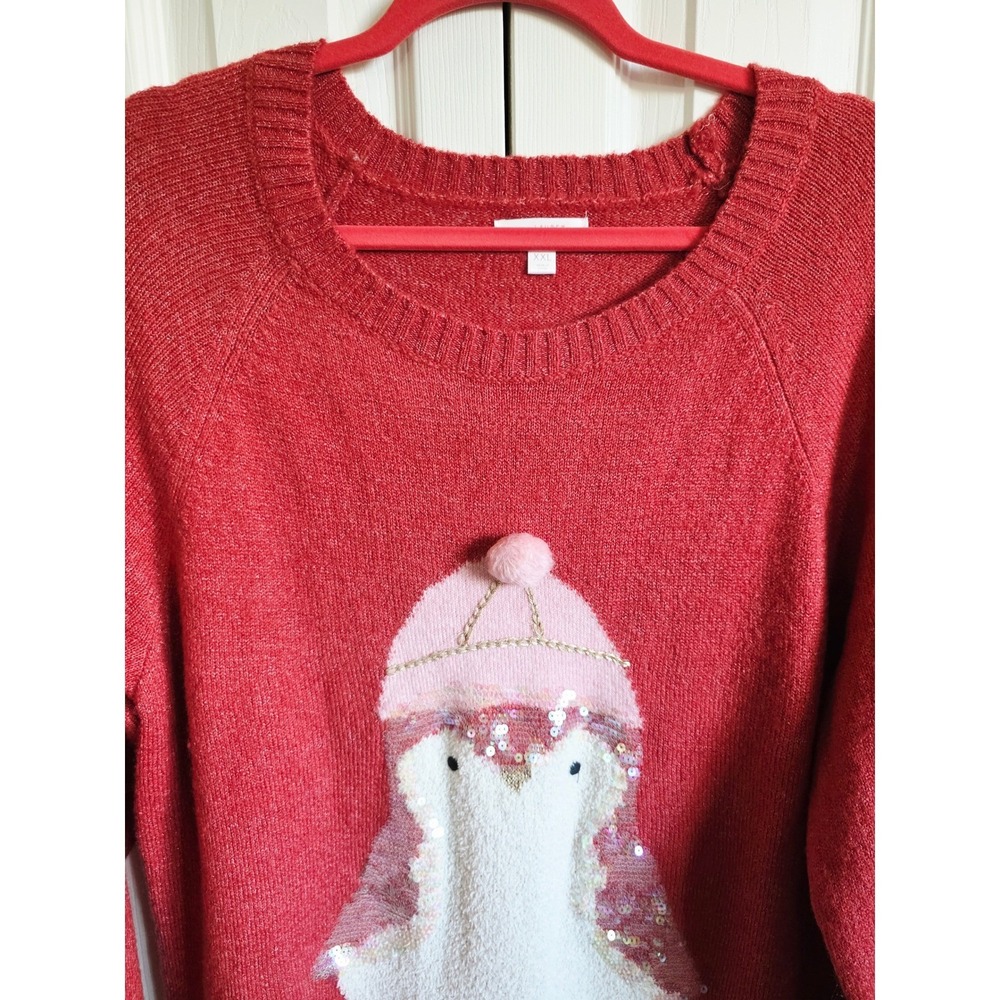 LC Lauren Conrad XXL Penguin Sequin Christmas Sweater Red Metallic - Picture 7 of 14
